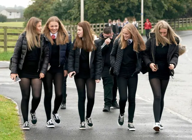 Pupils arrive at Kelso High School on the Scottish Borders as schools in Scotland start reopening on Tuesday