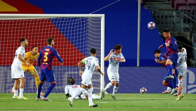 FC Barcelona's Clement Lenglet scores his team's first goal during the UEFA Champions League round of 16 second leg