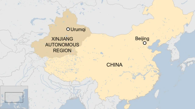 A map showing where Urumqi is in China