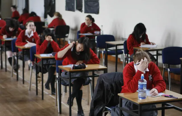 school children taking an exam