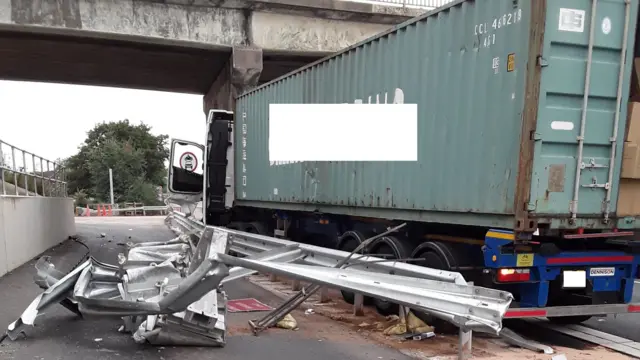 Lorry after hitting bridge