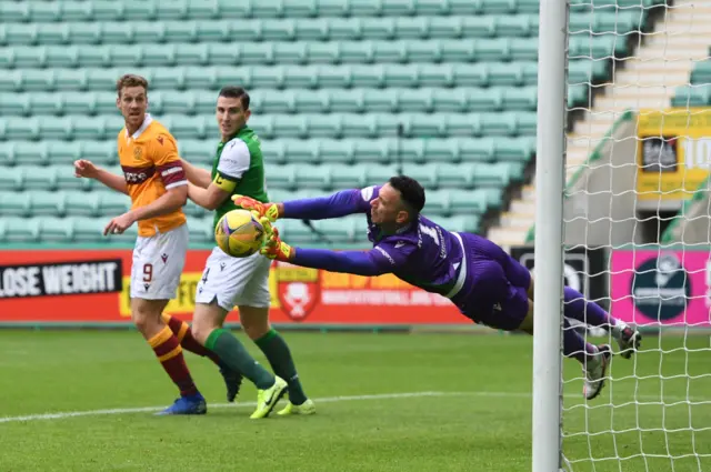 Hibs goalkeeper Ofir Marciano saves