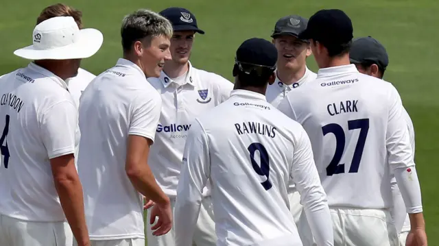 Sussex celebrate Tom Westley's wicket