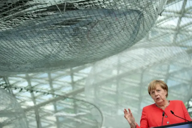 German Chancellor Angela Merkel speaks during a press conference in Duesseldorf, Germany, on 18 August 2020