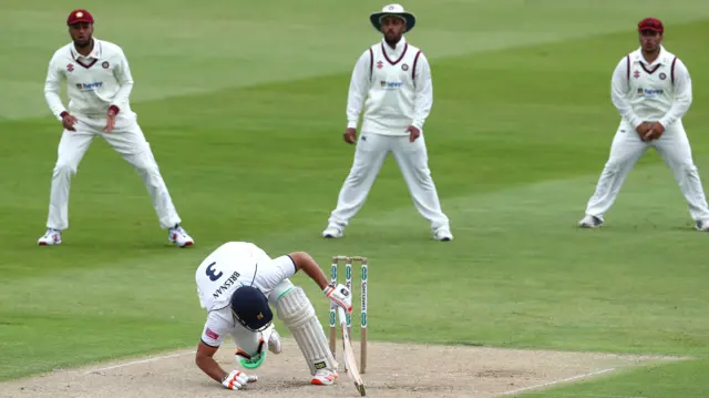 Tim Bresnan struck by ball