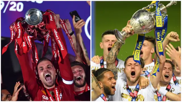 Split pic of Liverpool and Leeds lifting their trophies won last season