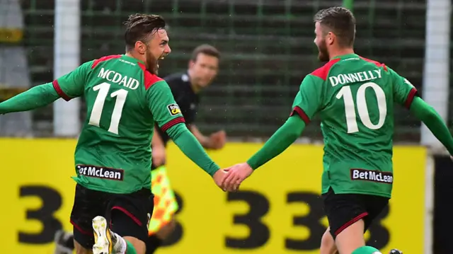 Goalscorer Robbie McDaid and Rory Donnelly celebrate Glentoran's opener