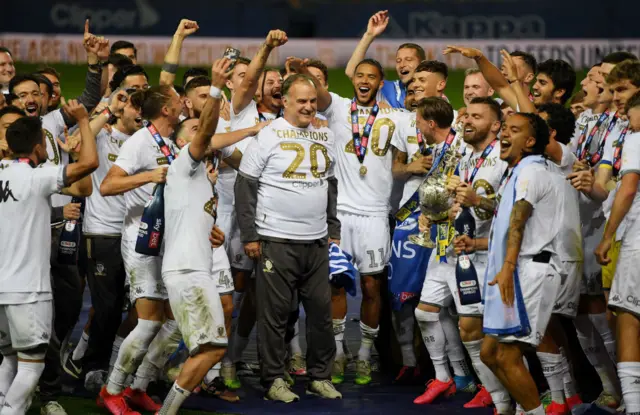 Leeds United celebrating with the Championship trophy