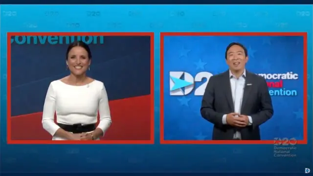 Julia Louis-Dreyfus and Andrew Yang at the Democratic National Convention