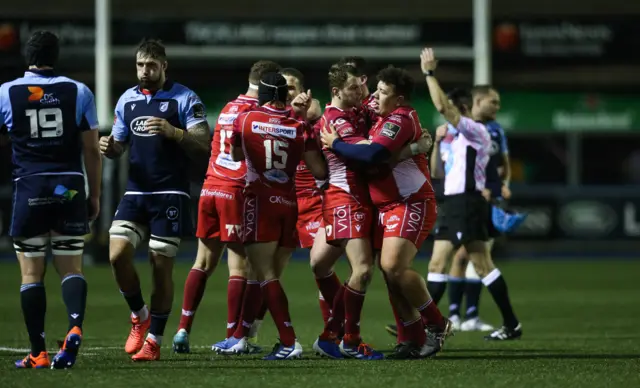 Scarlets celebrate beating Cardiff Blues