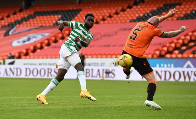 Odsonne Edouard volleys a shot against the United post