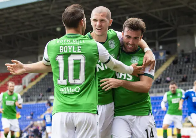 Hibs players celebrate a dramatic victory in Perth