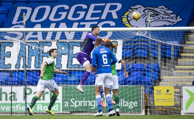 Hibs keeper Ofir Marciano was caught flapping as Callum Hendry headed home