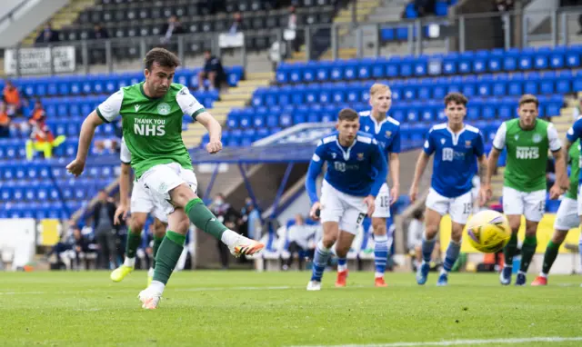 Stevie Mallan hammers in the last-gasp penalty to give Hibs all three points