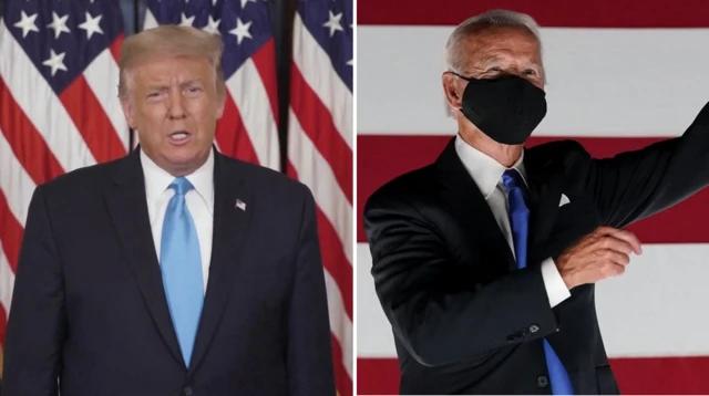 Composite showing Donald Trump speaking at the RNC, and Joe Biden at the DNC