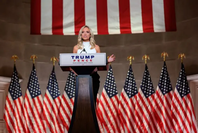 White House Press Secretary Kayleigh McEnany addresses the Republican National Convention in a pre-recorded speech at the Andrew W. Mellon Auditorium in Washington, DC, on August 26, 2020