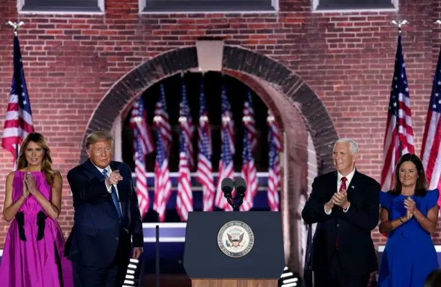 Melania Trump, Donald Trump, Mike Pence and Karen Pence close out night three of the Republican National COnvention