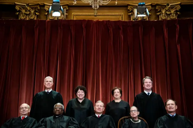 Justices of the United States Supreme Court sit for their official group photo at the Supreme Court on Friday, Nov. 30, 2018 in Washington, DC. Seated from left, Associate Justice Stephen Breyer, Associate Justice Clarence Thomas, Chief Justice of the United States John G. Roberts, Associate Justice Ruth Bader Ginsburg and Associate Justice Samuel Alito, Jr.. Standing from left, Associate Justice Neil Gorsuch, Associate Justice Sonia Sotomayor, Associate Justice Elena Kagan and Associate Justice Brett M. Kavanaugh