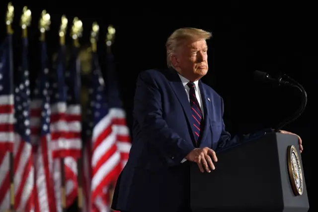 US President Donald Trump delivers his acceptance speech for the Republican Party nomination for reelection during the final day of the Republican National Convention from the South Lawn of the White House on August 27, 2020 in Washington, DC