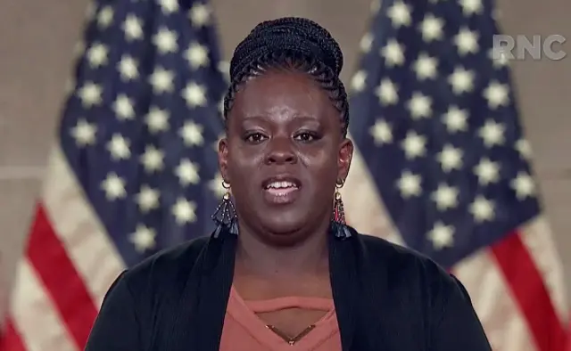 Marine Corps veteran Stacia Brightmon addresses the virtual convention on August 27, 2020