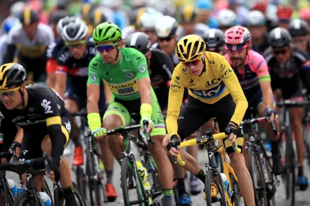 Chris Froome wears the yellow jersey during the 2015 Tour de France