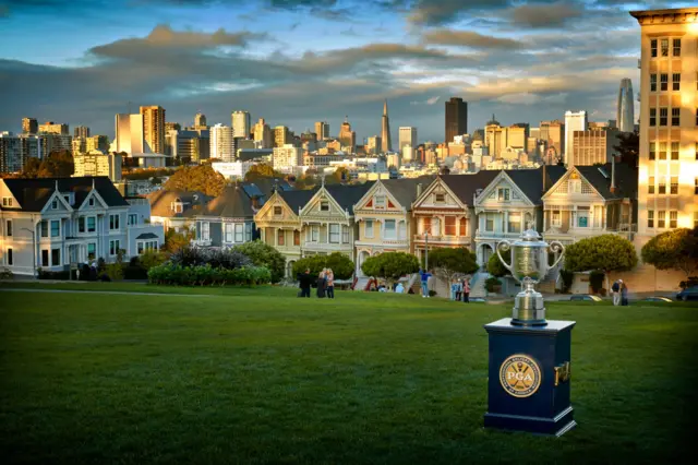 US PGA trophy in front of the Painted Ladies in San Francisco