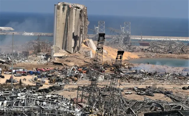 A  general view of the destroyed port in the aftermath of a massive explosion in downtown Beirut, Lebanon