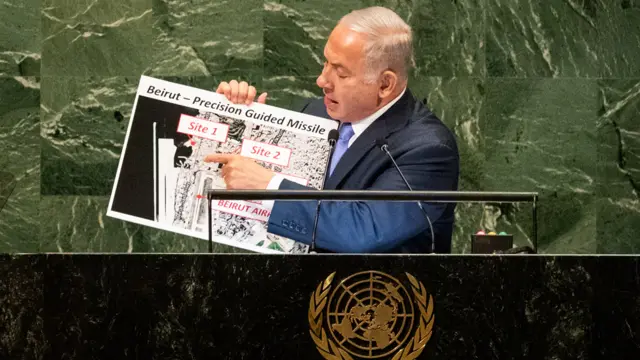 Netanyahu points at a map