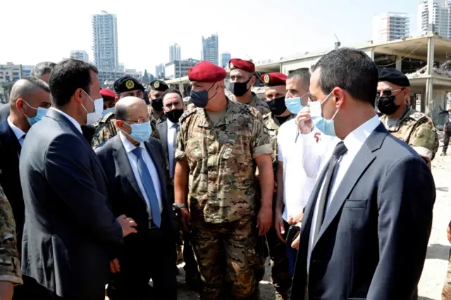 President Michel Aoun visits the site of Tuesday's blast in Beirut's port area, Lebanon August 5, 2020.