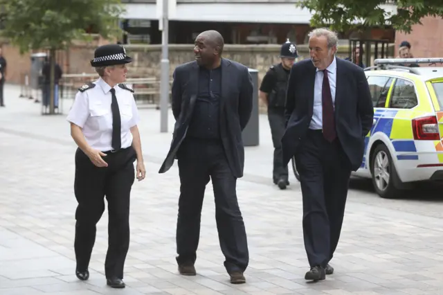 David Lammy with assistant chief constable Kate Meynell and Nottinghamshire police and crime commissioner Paddy Tipping