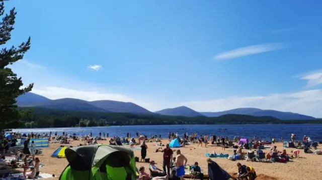 The beach at Loch Morlich was busy last Friday