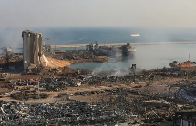 Destroyed grain silos (left) at Beirut's port