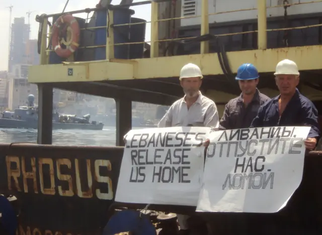 Captain Boris Prokoshev and crew members demand their release from the Rhosus in the port of Beirut, Lebanon, in 2014.