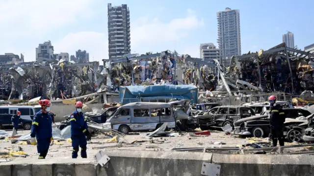 Greek rescue workers search amid the rubble three days after explosions that hit Beirut port, in Beirut, Lebanon, 07 August 2020.