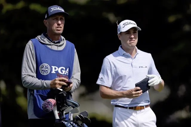 Justin Thomas with his caddie Jim Mackay