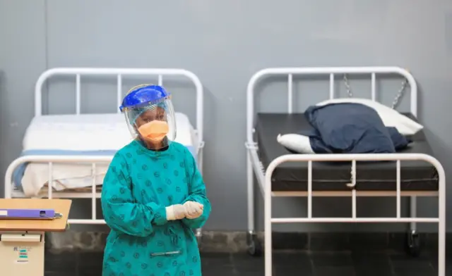 A health worker in a temporary field hospital in in Khayelitsha township near Cape Town, South Africa. File photo