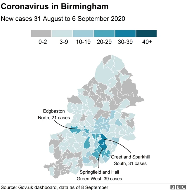 Map showing increase in cases in Birmingham