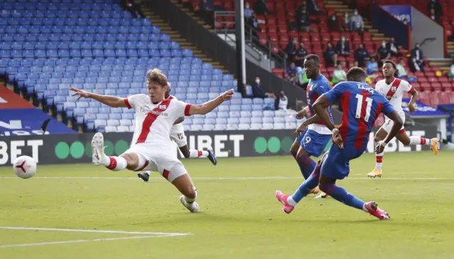 Crystal Palace's Wilfried Zaha scores a goal which is later disallowed upon VAR review