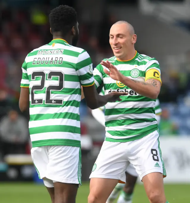 Celtic goalscorer Odsonne Edouard celebrates with captain Scott Brown