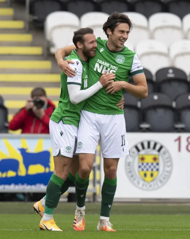 Joe Newell celebrates his goal for Hibs