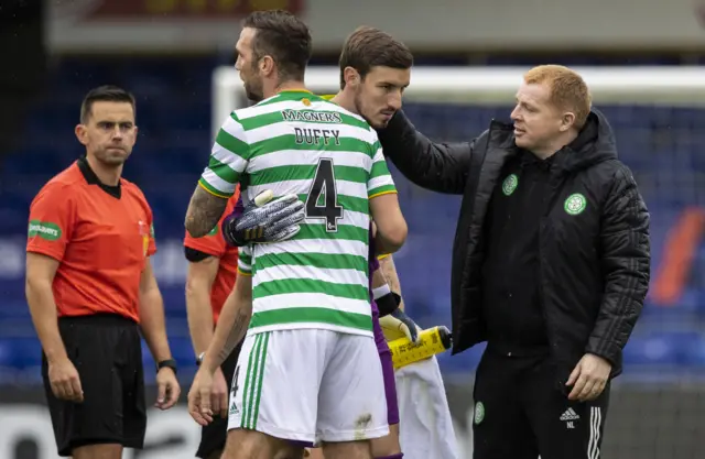 Celtic goalkeeper Vasylus Barkas embraces with Shane Duffy at full-time