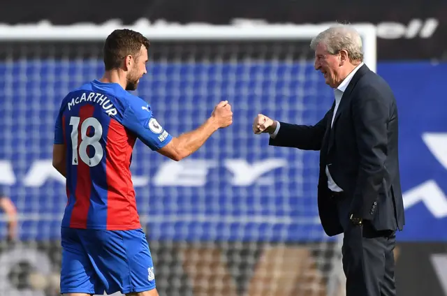 Crystal Palace's James McArthur and manager Roy Hodgson celebrate the win during the Premier League match at Selhurst Park