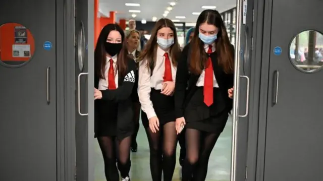 High school children in masks