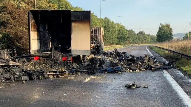 The damaged lorry