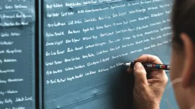 Names being written on plane wing