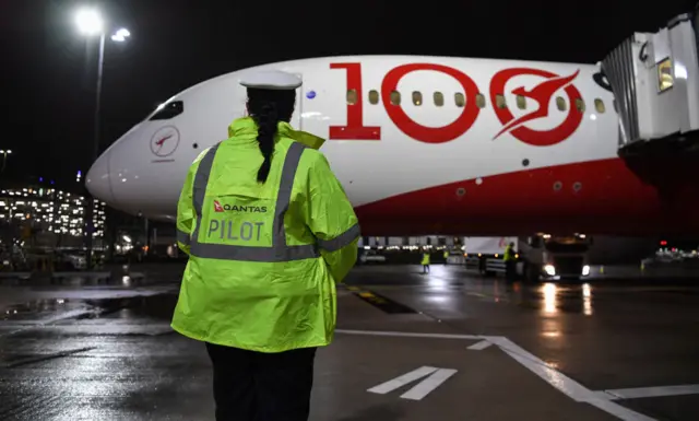 A Qantas flight at Heathrow airport, London