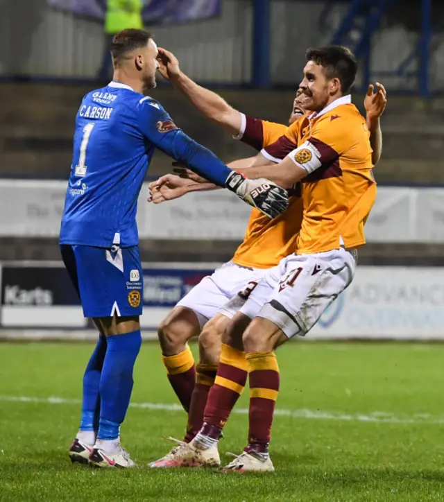 Motherwell players congratulate penalty shootout hero Trevor Carson