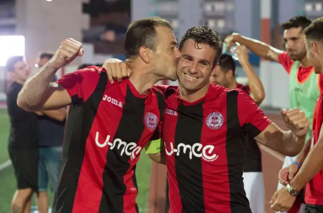 Lincoln Red Imps' Lee Casciaro (right) and Roy Chipolina celebrate at full time