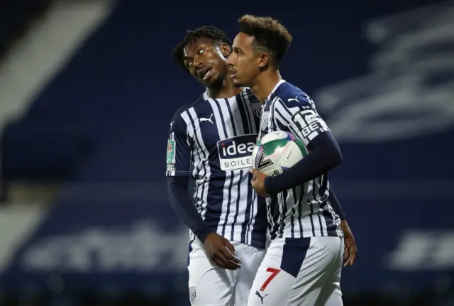 West Bromwich Albion"s Callum Robinson (right) with team-mate Kyle Edwards after scoring his side's third goal