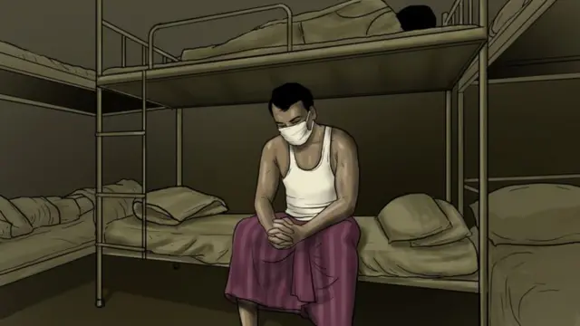 Illustration of a man wearing a mask in a dorm
